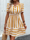 Geometric Notched Short Sleeve Mini Dress - Trendsi - Flyclothing LLC