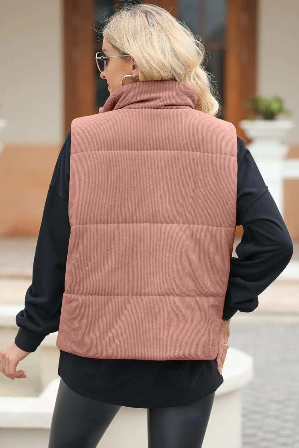 Pocketed Zip Up Turtleneck Vest Coat - Trendsi - Flyclothing LLC