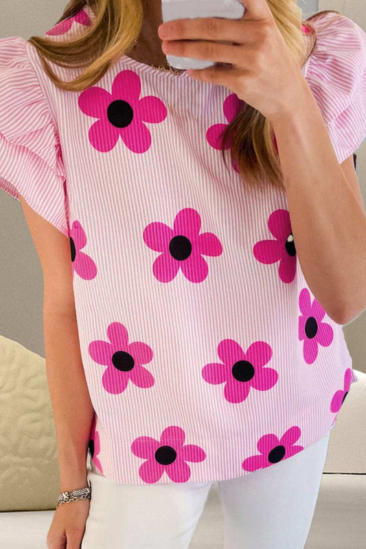 Ruffled Flower Printed Round Neck Cap Sleeve Blouse - Trendsi - Flyclothing LLC