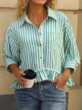 Striped Ruffle Hem Button-Up Shirt - Trendsi - Flyclothing LLC