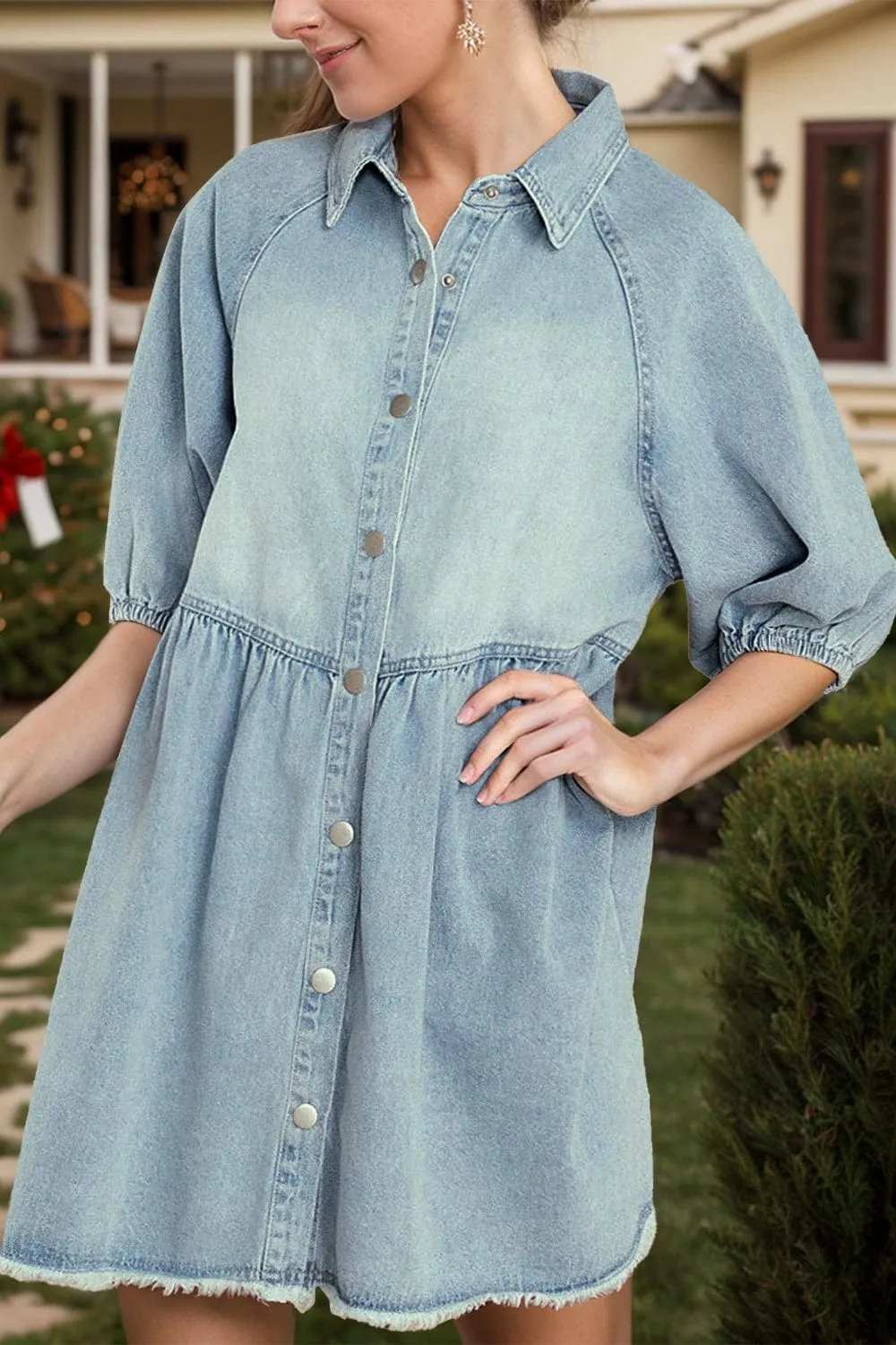 Raw Hem Snap Down Half Sleeve Denim Dress - Trendsi - Flyclothing LLC