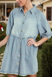 Raw Hem Snap Down Half Sleeve Denim Dress - Trendsi - Flyclothing LLC