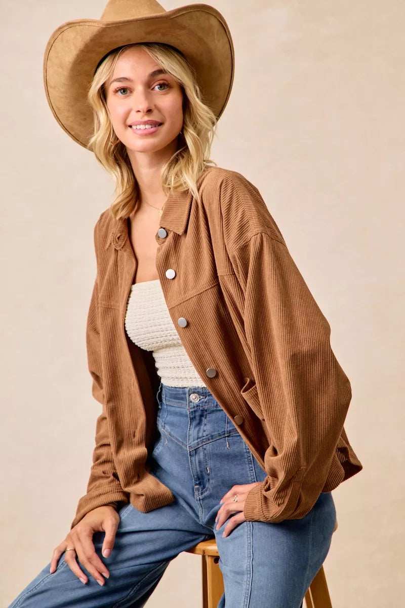 BiBi Corduroy Relaxed Fit Shacket with Back Pleat - Trendsi - Flyclothing LLC