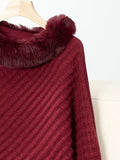 Fuzzy Trim Texture Three-Quarter Sleeve Poncho - Trendsi - Flyclothing LLC