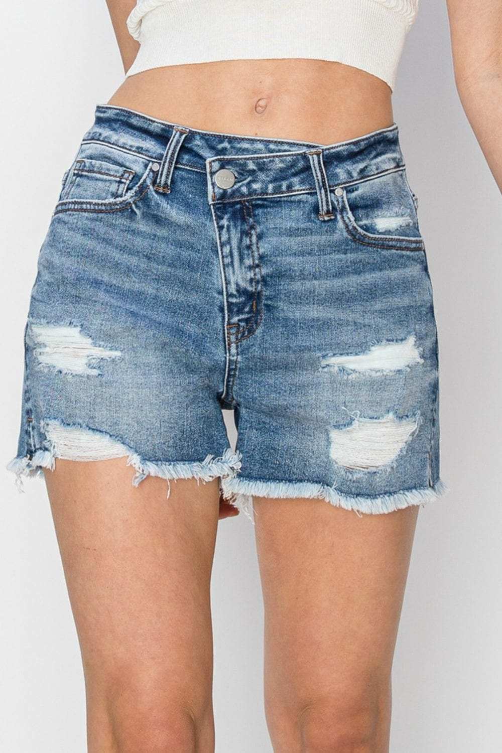 RISEN Stepped Waist Frayed Denim Shorts - Trendsi - Flyclothing LLC