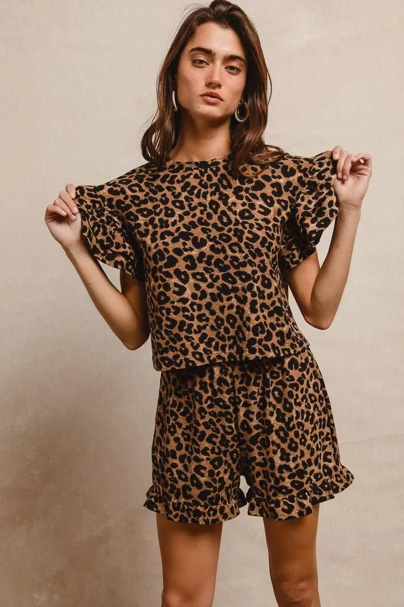 BiBi Leopard Print Waffle Texture Layered Ruffle Sleeve Top and Shorts Set - Trendsi - Flyclothing LLC