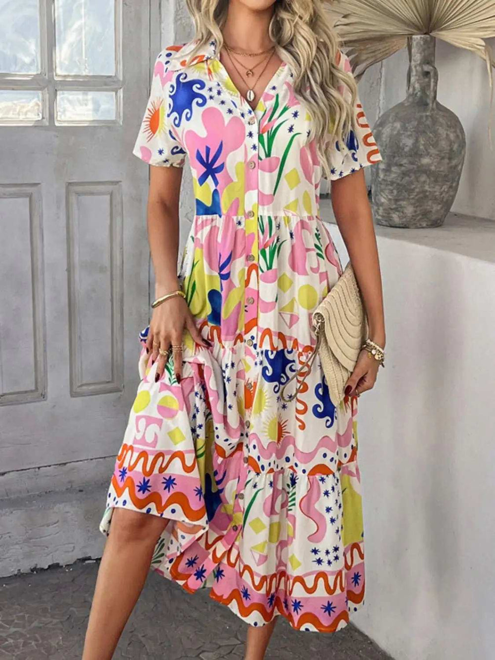 Devine Printed Johnny Collar Button Down Short Sleeve Midi Shirt Dress - Trendsi - Flyclothing LLC
