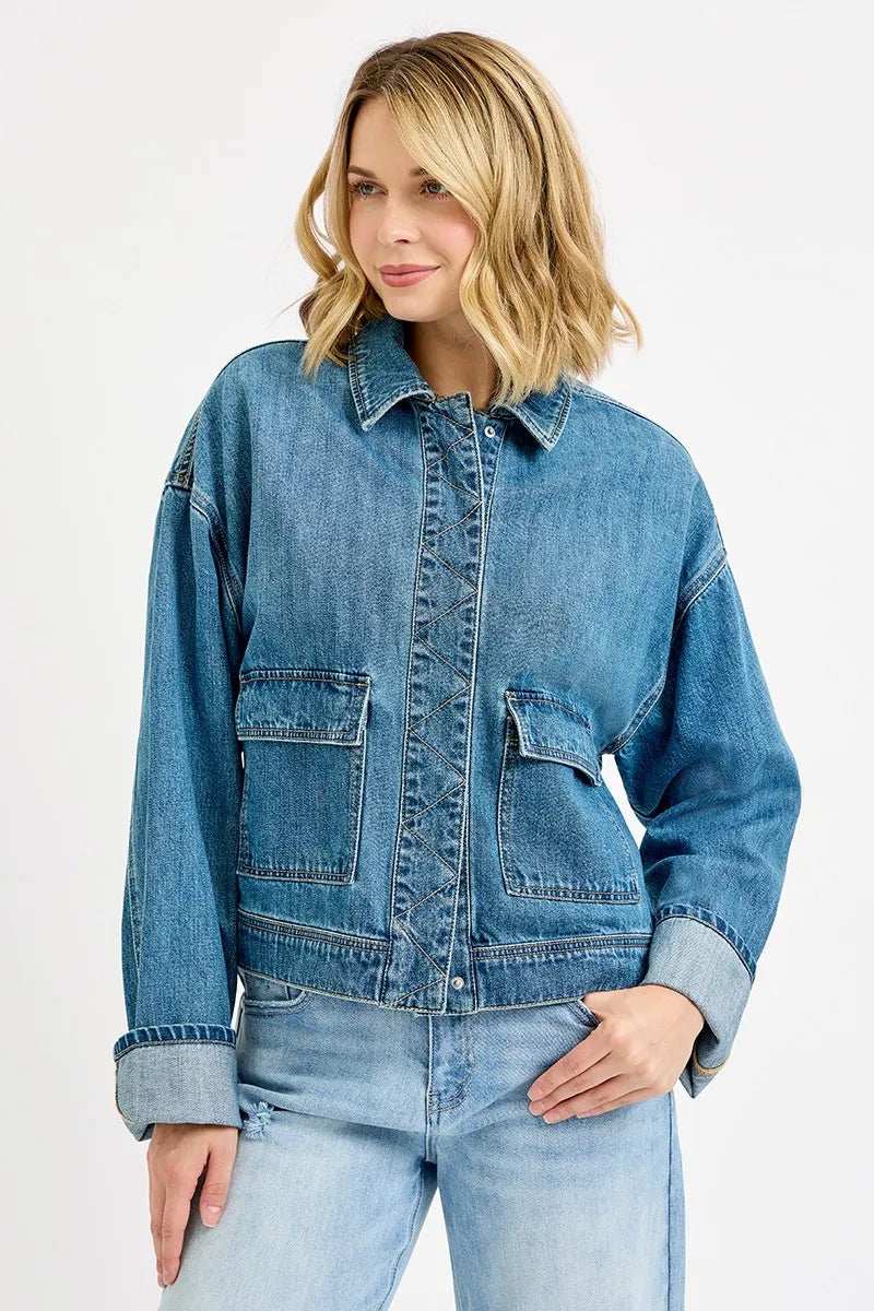 RISEN Oversized Cargo Pocket Denim Jacket with Cuffed Sleeves - Trendsi - Flyclothing LLC