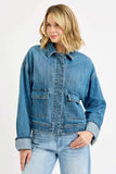 RISEN Oversized Cargo Pocket Denim Jacket with Cuffed Sleeves - Trendsi - Flyclothing LLC