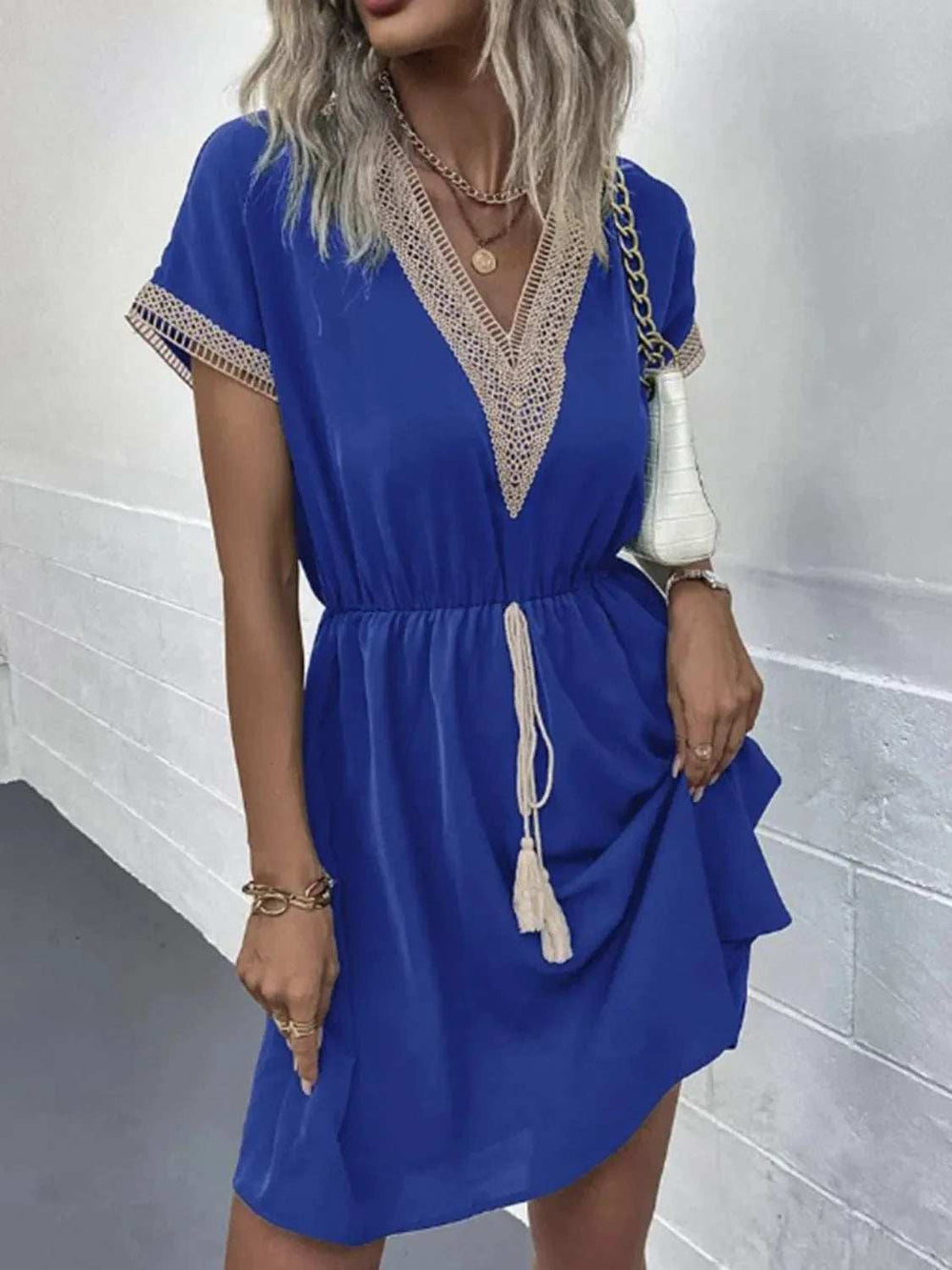 Full Size Tassel V-Neck Short Sleeve Dress Plus Size - Trendsi - Flyclothing LLC
