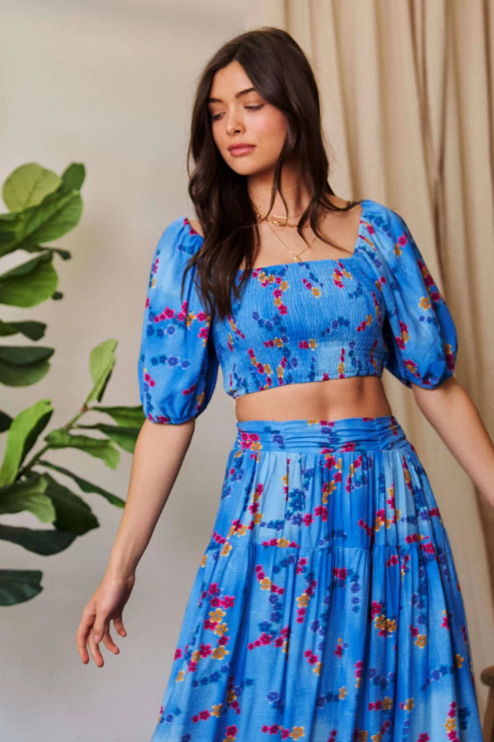 Davi & Dani Smocing Bodice Puff Short Sleeve Printed Crop Top - Trendsi - Flyclothing LLC