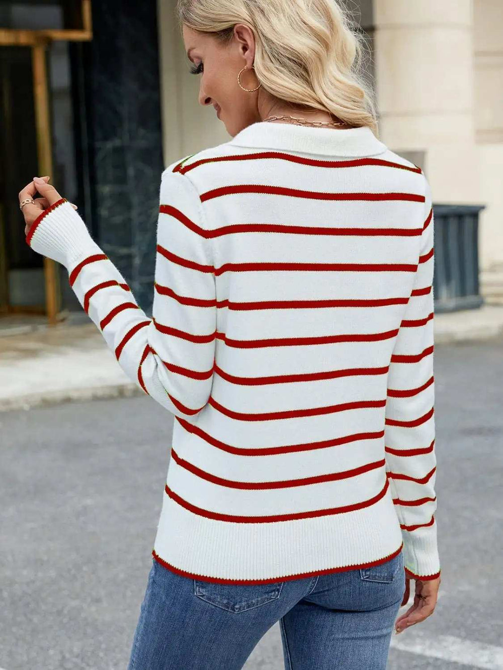 Striped Johnny Collar Long Sleeve Sweater - Trendsi - Flyclothing LLC