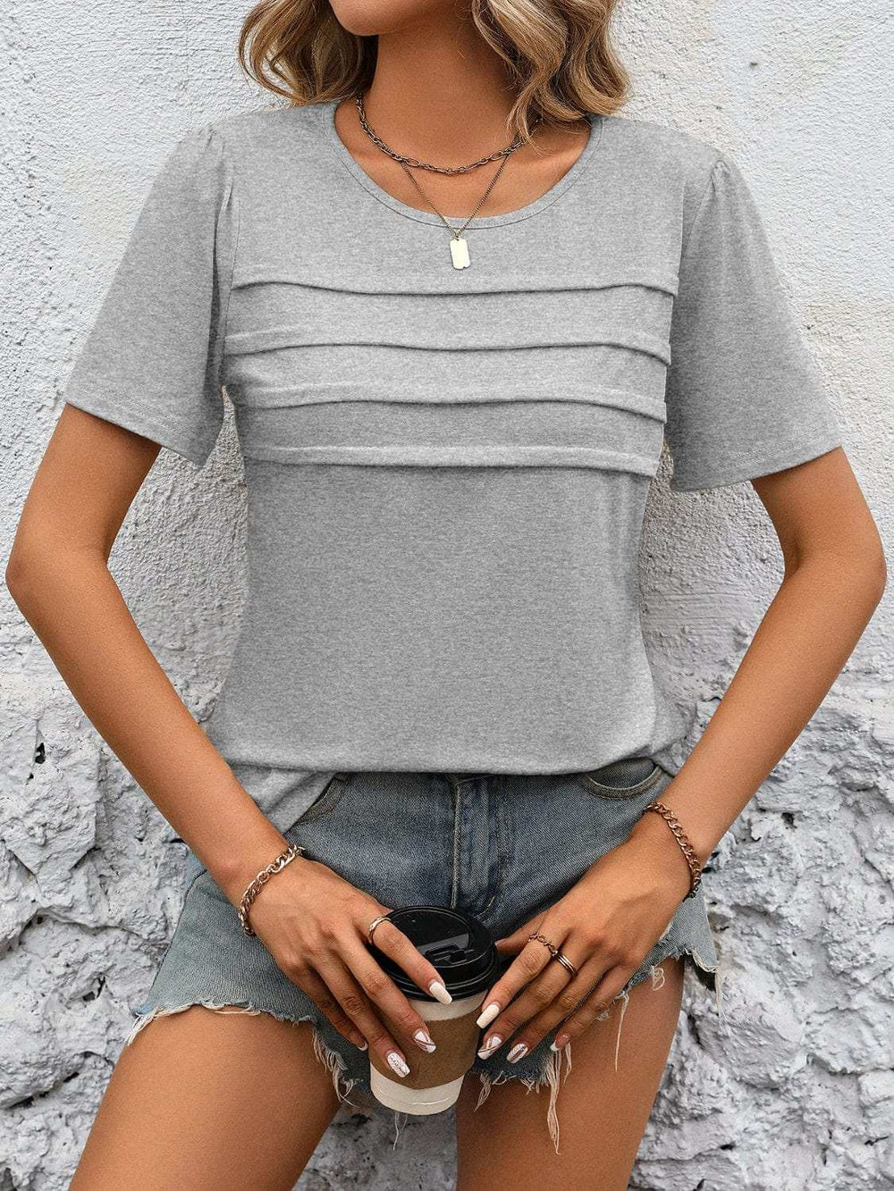 Round Neck Short Sleeve Top - Trendsi - Flyclothing LLC