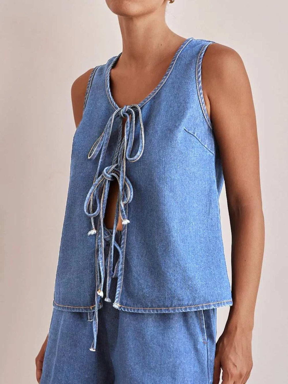 Tie Front Denim Vest - Trendsi - Flyclothing LLC