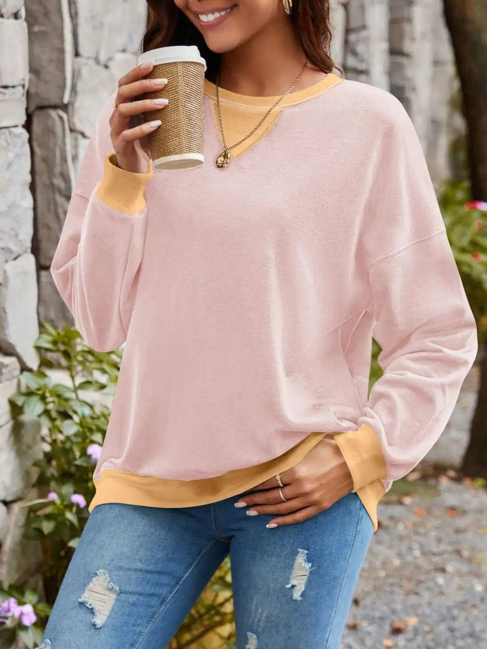 Contrast Round Neck Long Sleeve Sweatshirt - Trendsi - Flyclothing LLC