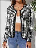 Houndstooth Open Front Long Sleeve Jacket - Trendsi - Flyclothing LLC