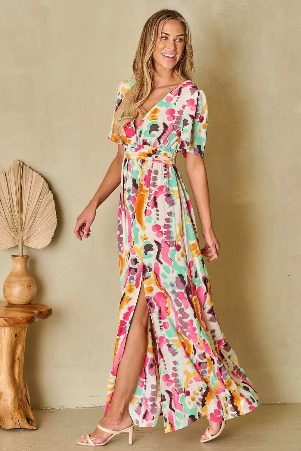 Slit Printed Surplice Short Sleeve Maxi Dress - Trendsi - Flyclothing LLC