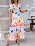 Devine Smocked Printed V-Neck Short Sleeve Maxi Dress - Trendsi - Flyclothing LLC