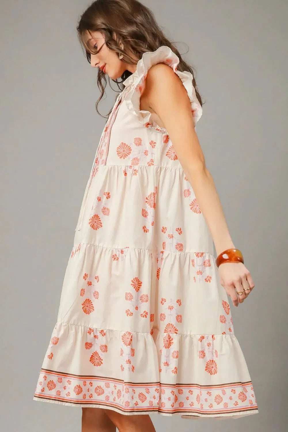 Umgee Printed Tie Neck Ruffle Cap Sleeve Dress - Trendsi - Flyclothing LLC