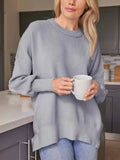 Slit Round Neck Dropped Shoulder Sweater - Trendsi - Flyclothing LLC