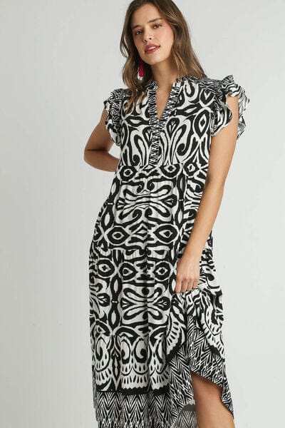 Umgee Full Size Two Tone Border Print Ruffle Cap Sleeve Midi Dress Plus Size - Trendsi - Flyclothing LLC
