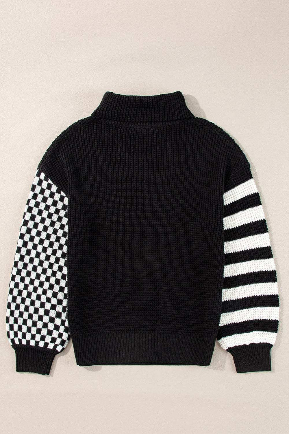 Striped & Checkered Turtleneck Dropped Shoulder Sweater - Trendsi - Flyclothing LLC