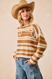 BiBi Striped Open Knit Sweater Top with Front Braided Detail - Trendsi - Flyclothing LLC