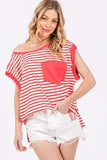 Ces Femme Side Slit Striped Cap Sleeve T-Shirt - Trendsi - Flyclothing LLC