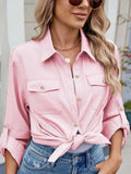 Solid Color Collared Neck Long Sleeve Shirt - Trendsi - Flyclothing LLC