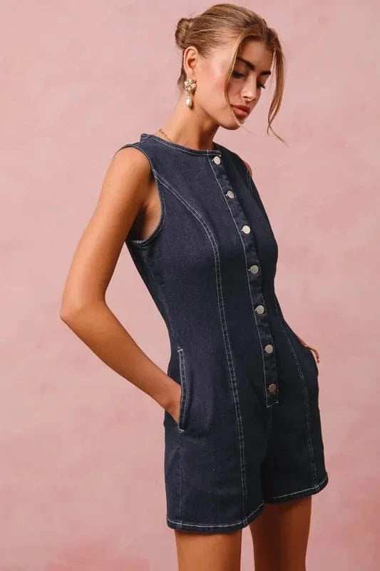 SO ME Button Up Front Washed Denim Sleeveless Romper - Trendsi - Flyclothing LLC