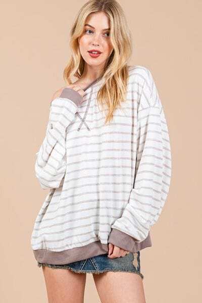 Ces Femme Striped Round Neck Drop Shoulder Sweatshirt - Trendsi - Flyclothing LLC