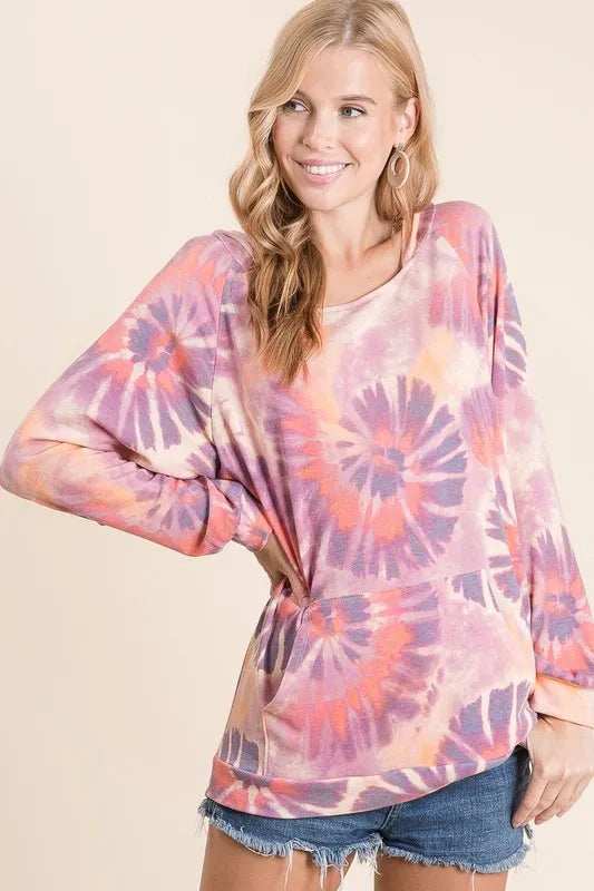 BiBi Circular Tie Dye Print Terry Hoodie with Kangaroo - Trendsi - Flyclothing LLC