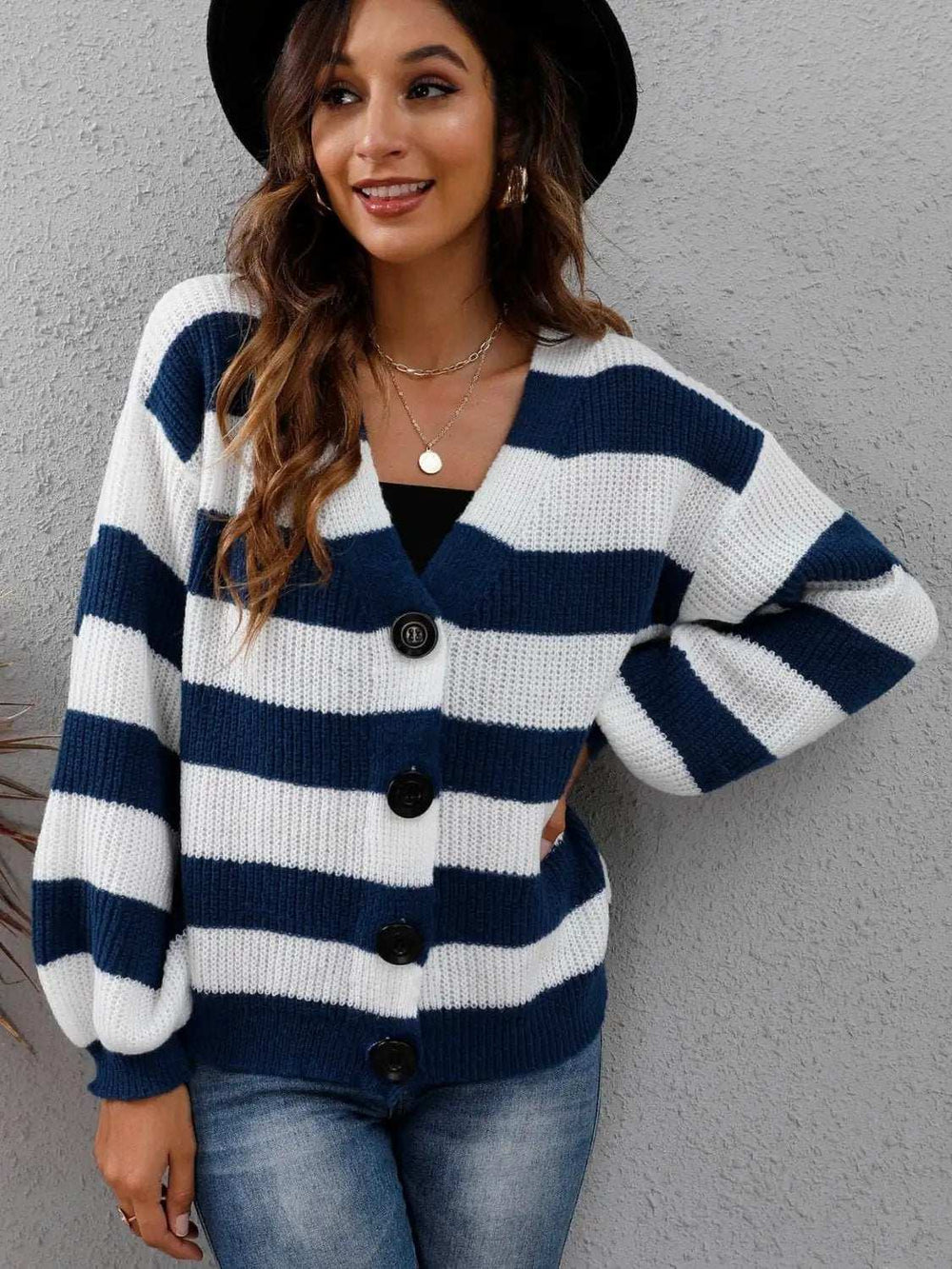 Striped Button Up Long Sleeve Sweater - Trendsi - Flyclothing LLC