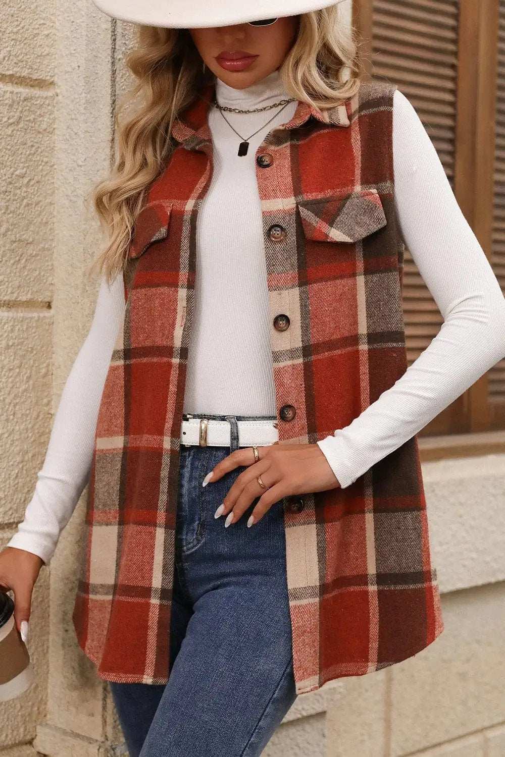 Plaid Button Up Vest Coat - Trendsi - Flyclothing LLC