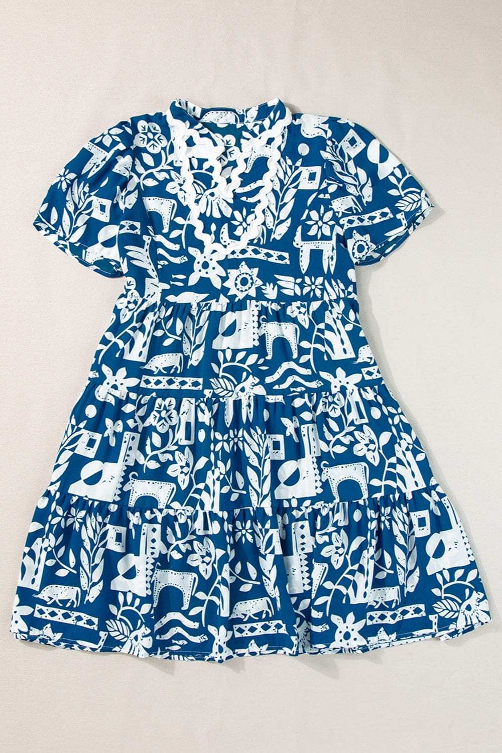 Printed Notched Short Sleeve Mini Dress - Trendsi - Flyclothing LLC
