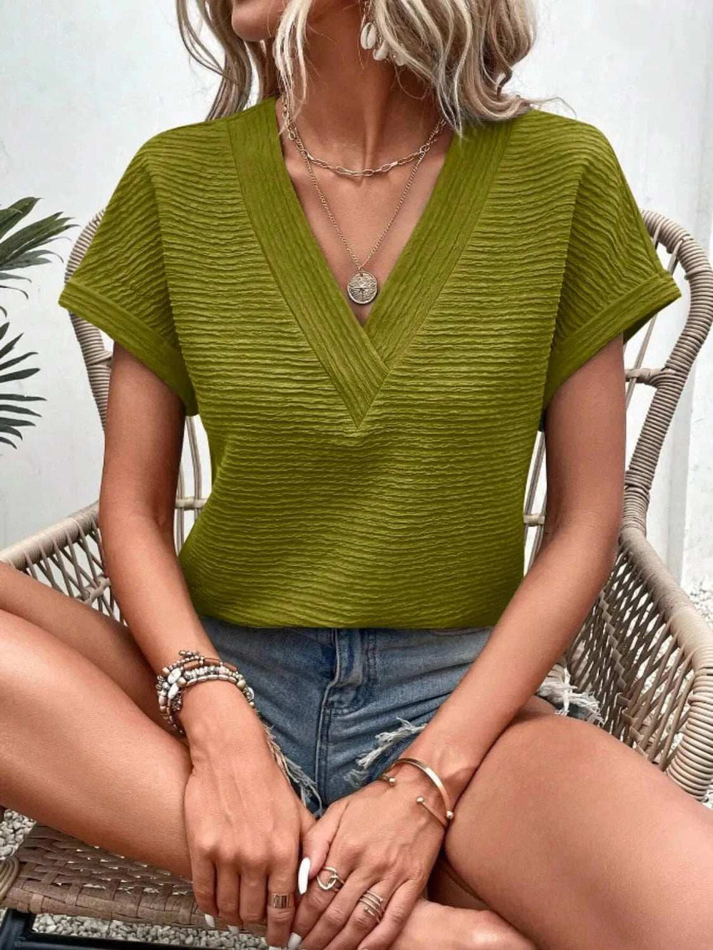 Textured Solid Color Short Sleeve Top - Trendsi - Flyclothing LLC