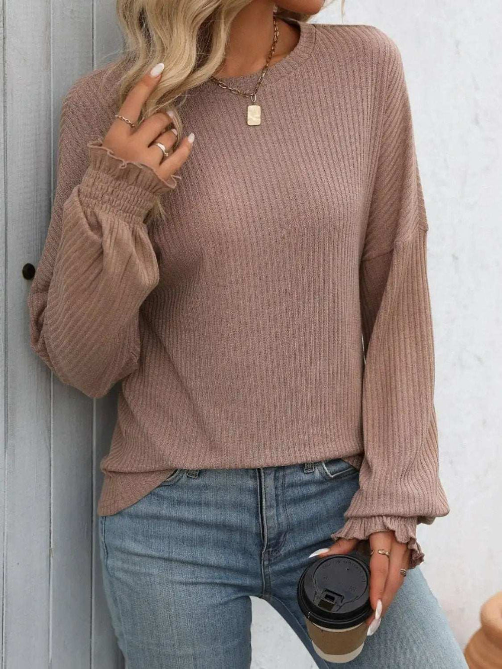 Ribbed Round Neck Long Sleeve T-Shirt - Trendsi - Flyclothing LLC