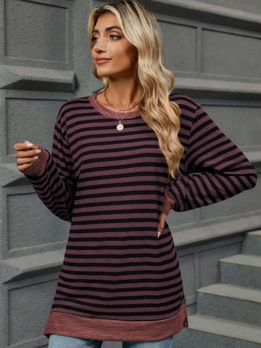 Striped Round Neck Long Sleeve T-Shirt - Trendsi - Flyclothing LLC