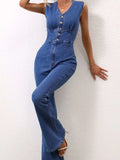 V-Neck Sleeveless Denim Jumpsuit - Trendsi - Flyclothing LLC