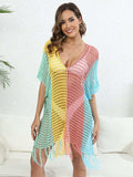 Fringe Color Block Scoop Neck Cover Up - Trendsi - Flyclothing LLC