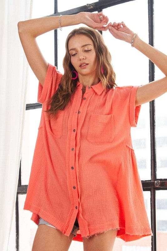 ADORA Raw Hem Collared Neck Button Down Shirt - Trendsi - Flyclothing LLC