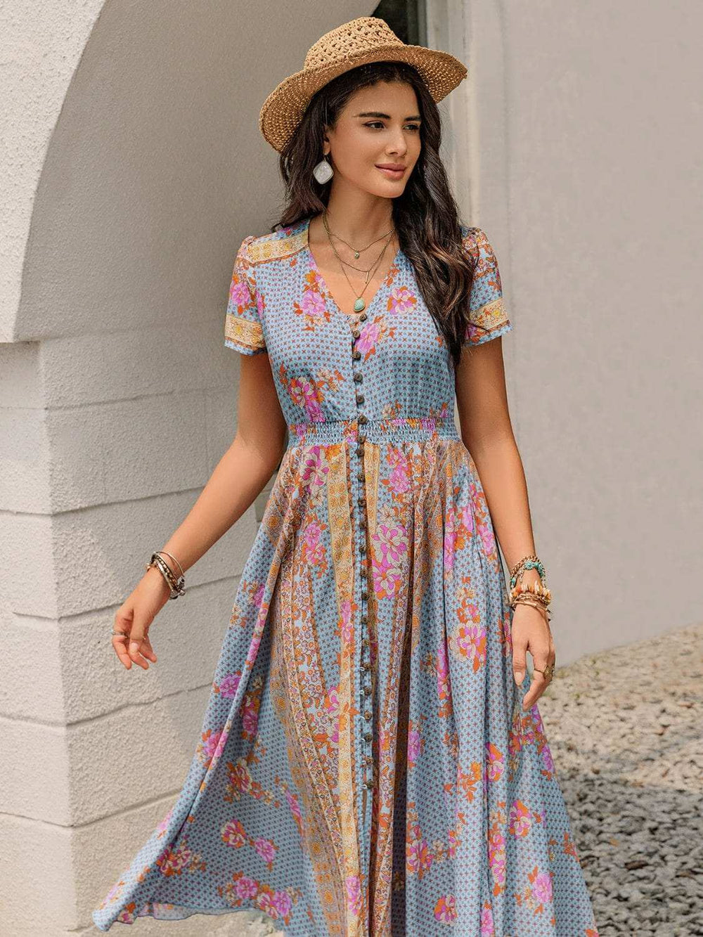 Smocked Floral V-Neck Short Sleeve Midi Dress - Trendsi - Flyclothing LLC