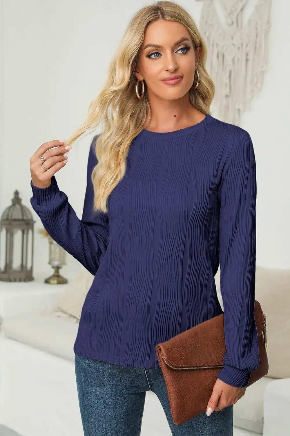 Textured Round Neck Long Sleeve Blouse - Trendsi - Flyclothing LLC