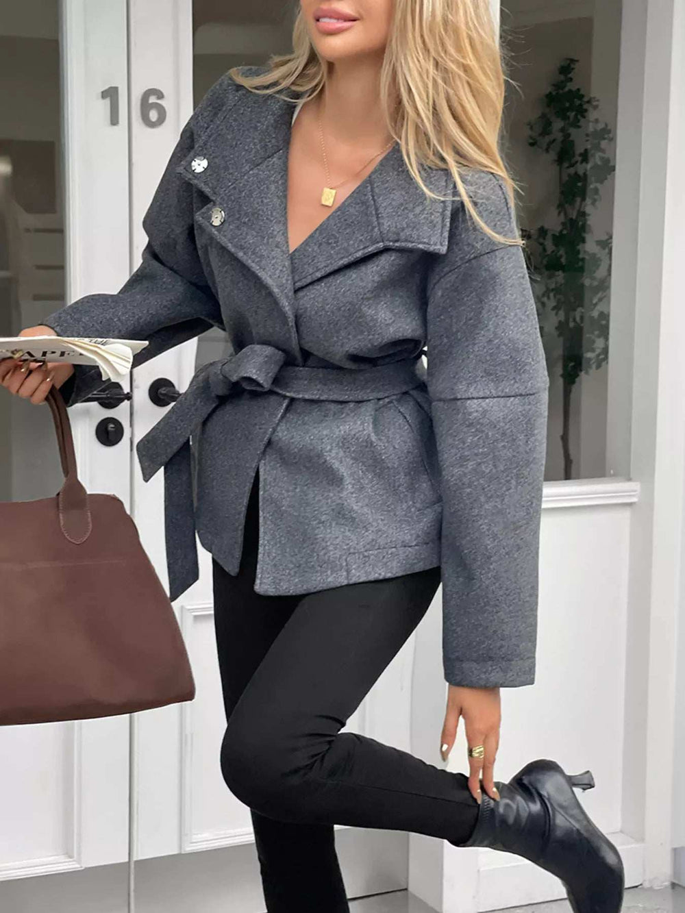 Tie Waist Wool Blend Outerwear - Trendsi - Flyclothing LLC