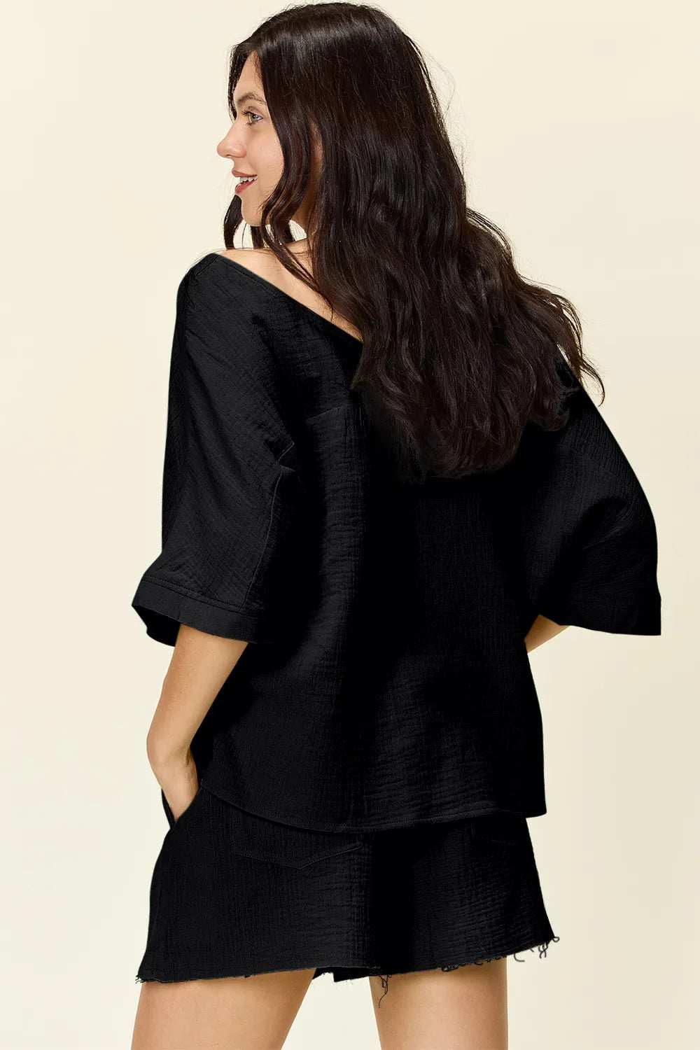 Double Take Texture Half Sleeve T-Shirt and Drawstring Shorts Set - Trendsi - Flyclothing LLC