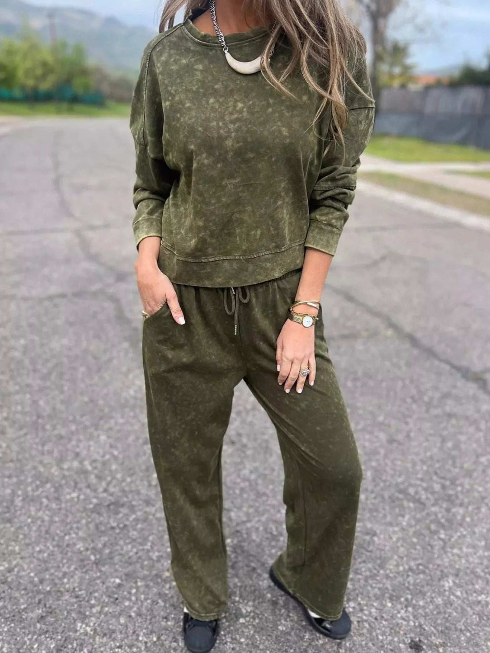 Full Size Washed Round Neck Top and Drawstring Pants Set Plus Size - Trendsi - Flyclothing LLC