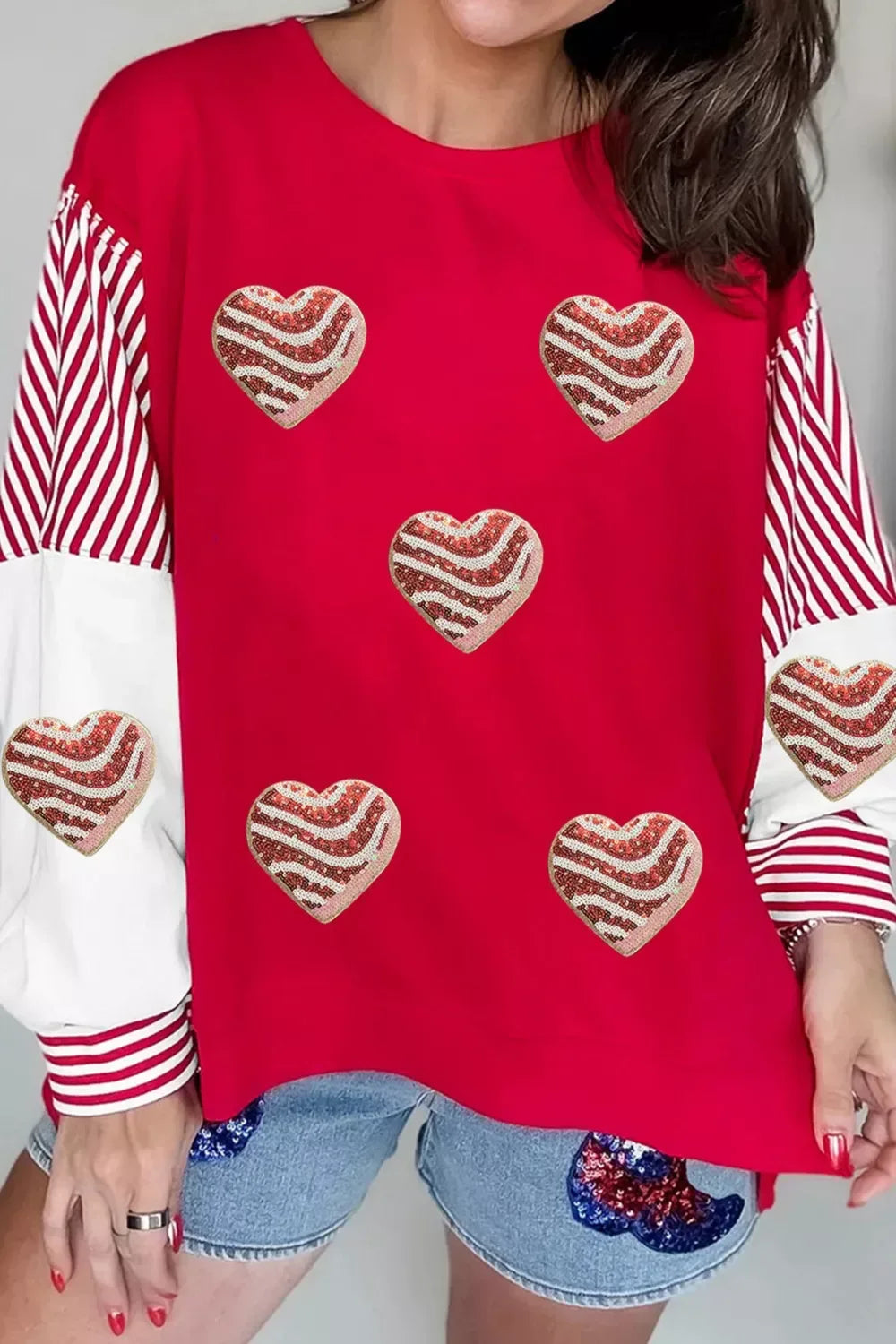 Color Block Striped Patchwork Valentines Day Sequin Heart Graphic Sweatshirt - Trendsi - Flyclothing LLC