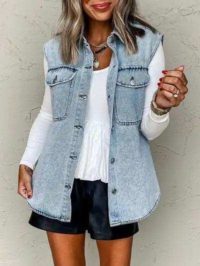 Collared Neck Button Up Denim Vest - Trendsi - Flyclothing LLC