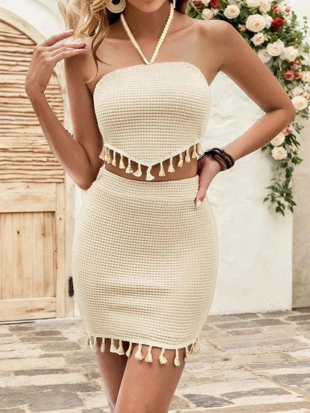 Waffle-Knit Halter Neck Top and Skirt Set - Trendsi - Flyclothing LLC