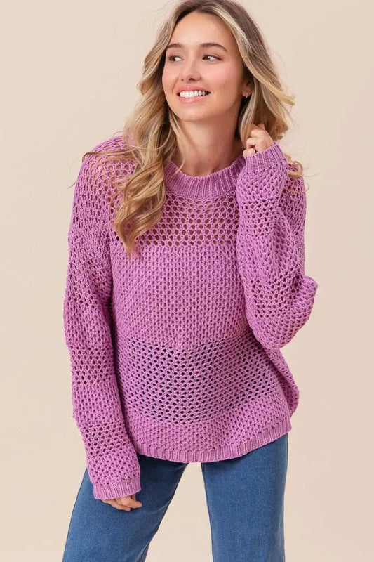 BiBi Openwork Long Sleeve Knit Top - Trendsi - Flyclothing LLC